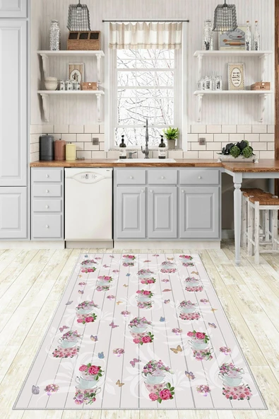 Makinede Yıkanabilir Leke Tutmaz  Pembe Pvc Deri Kaymaz Taban Fincan-Çiçek Mutfak Halısı 238-00  ÇOKLU 80 x 200