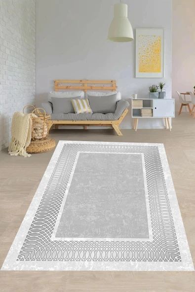 Makinede Yıkanabilir Leke Tutmaz  Gümüş Pvc Deri Kaymaz Taban Çerçeve Salon Saçaksız Halı B1223  GRİ-GÜMÜŞ 80 x 300