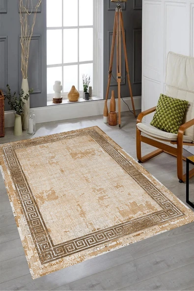 Makinede Yıkanabilir Leke Tutmaz  Kahverengi Pvc Deri Kaymaz Taban Vintage Versace Salon Saçaksız Halı B1197  BEJ-KAHVERENGİ 100 x 200