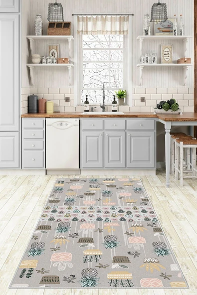 Makinede Yıkanabilir Leke Tutmaz  Gri Pvc Deri Kaymaz Taban Bitki Mutfak Halısı 281-00  ÇOKLU 100 x 200