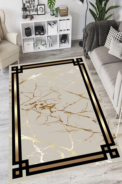 Makinede Yıkanabilir Leke Tutmaz  Gold Pvc Deri Kaymaz Taban Çerçeve Salon Saçaksız Halı B1212  160 x 230 SİYAH-GOLD