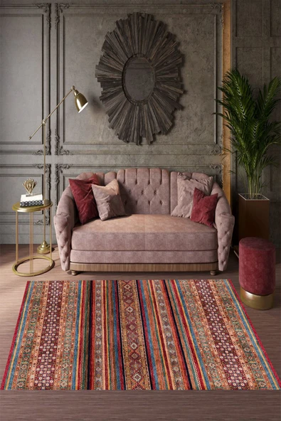 Makinede Yıkanabilir Leke Tutmaz  Kırmızı Zemin Pvc Deri Kaymaz Taban Vintage Salon Halısı 408-00  ÇOKLU 160 x 300