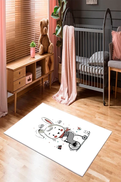 Makinede Yıkanabilir Leke Tutmaz  Beyaz Pvc Deri Kaymaz Taban Tavşan Çocuk Halısı 547-00  ÇOKLU 100 x 140