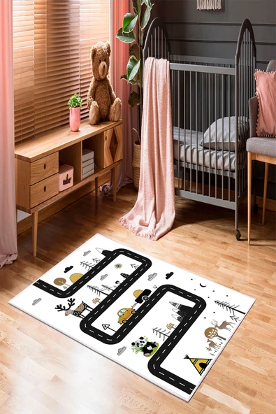 Makinede Yıkanabilir Leke Tutmaz  Beyaz Pvc Deri Kaymaz Taban Doğa-Çevre Çocuk Halısı 417-00  ÇOKLU 80 x 300