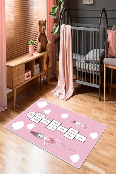 Makinede Yıkanabilir Leke Tutmaz  Pembe Pvc Deri Kaymaz Taban Seksek Çocuk Halısı 393-00  ÇOKLU 160 x 230