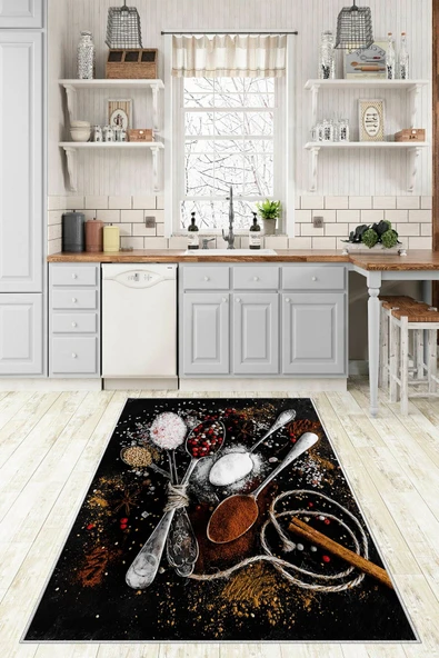 Makinede Yıkanabilir Leke Tutmaz  Siyah Pvc Deri Kaymaz Taban Baharat Mutfak Halısı 478-00  ÇOKLU 120 x 180