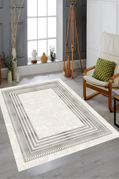 Makinede Yıkanabilir Leke Tutmaz  Bej-Gri Pvc Deri Kaymaz Taban Çerçeve Salon Halısı B1169  BEJ-GRİ 100 x 300