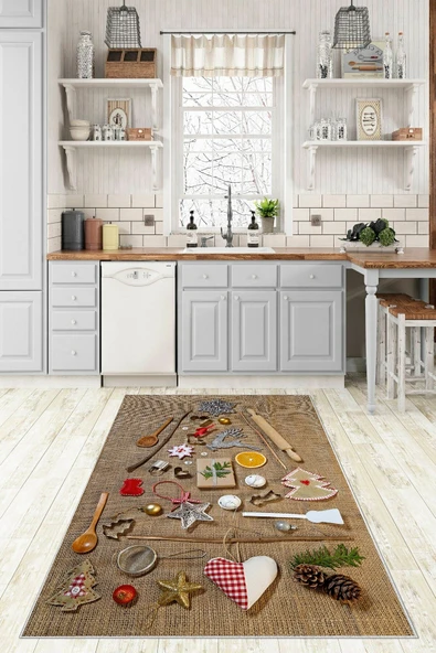 Makinede Yıkanabilir Leke Tutmaz  Bej-Kahve Pvc Deri Kaymaz Taban Mutfak Malzemeleri Mutfak Halısı 241-00  ÇOKLU 120 x 180