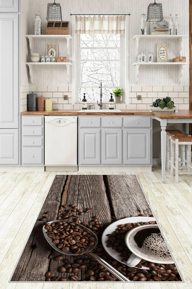 Makinede Yıkanabilir Leke Tutmaz  Kahverengi Pvc Deri Kaymaz Taban Kahve Mutfak Halısı 243-00  ÇOKLU 80 x 140