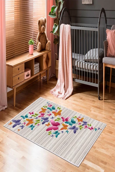 Makinede Yıkanabilir Leke Tutmaz  Renkli Pvc Deri Kaymaz Taban Kelebek Çocuk Halısı 525-00  ÇOKLU 100 x 140