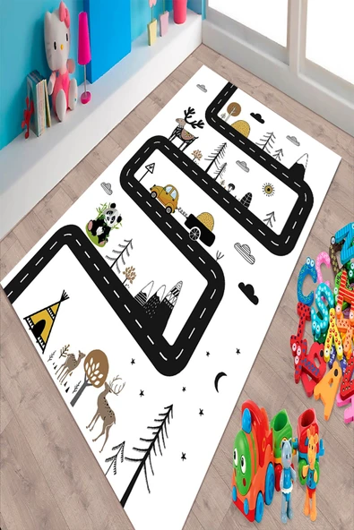 Makinede Yıkanabilir Leke Tutmaz  Beyaz Pvc Deri Kaymaz Taban Doğa-Çevre Çocuk Halısı 417-00  ÇOKLU 200 x 300 - 3