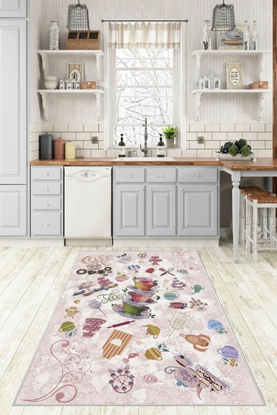 Makinede Yıkanabilir Leke Tutmaz  Renkli Pvc Deri Kaymaz Taban Tea Vintega Mutfak Halısı 530-00  ÇOKLU 80 x 300