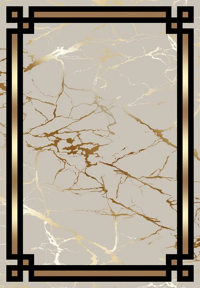 Makinede Yıkanabilir Leke Tutmaz  Gold Pvc Deri Kaymaz Taban Çerçeve Salon Saçaksız Halı B1212  80 x 150 SİYAH-GOLD - 2