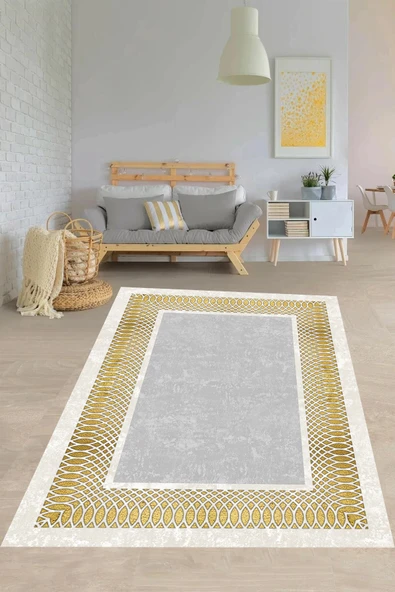 Makinede Yıkanabilir Leke Tutmaz  Gri-Gold Pvc Deri Kaymaz Taban Çerçeve Salon Saçaksız Halı B1225  200 x 300 GRİ-GOLD