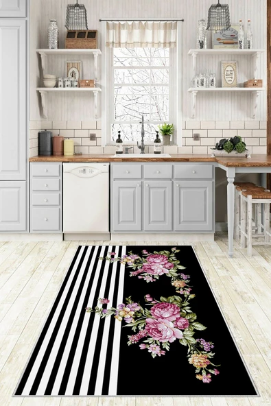 Makinede Yıkanabilir Leke Tutmaz  Siyah-Beyaz Pvc Deri Kaymaz Taban Benek Çiçek Mutfak Halısı 240-02  ÇOKLU 80 x 200