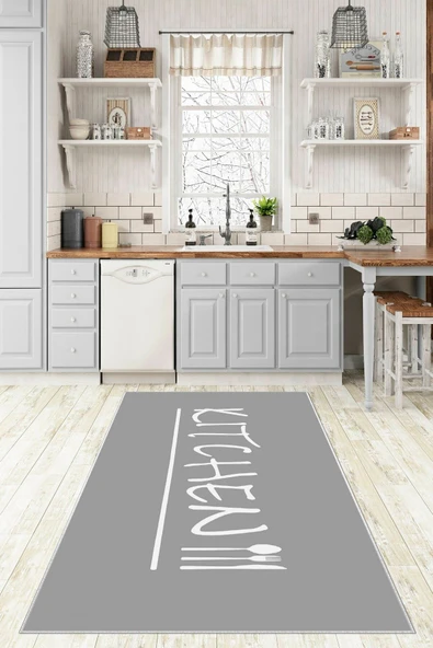 Makinede Yıkanabilir Leke Tutmaz  Gri Pvc Deri Kaymaz Taban Kıtchen Mutfak Halısı 388-01  ÇOKLU 180 x 280