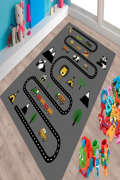 Makinede Yıkanabilir Leke Tutmaz  Antrasit Pvc Deri Kaymaz Taban Tren Yolu Deseni Çocuk Halısı 380-01  ÇOKLU 100 x 200