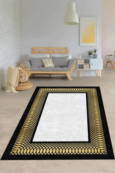 Makinede Yıkanabilir Leke Tutmaz  Siyah-Gold Pvc Deri Kaymaz Taban Çerçeve Salon Saçaksız Halı B1230  100 x 200 SİYAH-GRİ-GOLD