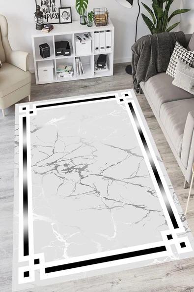 Makinede Yıkanabilir Leke Tutmaz  Gri Pvc Deri Kaymaz Taban Çerçeve Salon Saçaksız Halı B1213  SİYAH-GRİ 100 x 300