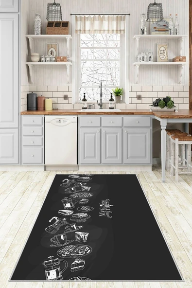 Makinede Yıkanabilir Leke Tutmaz  Siyah Pvc Deri Kaymaz Taban MyRules Mutfak Halısı 480-00  ÇOKLU 100 x 140