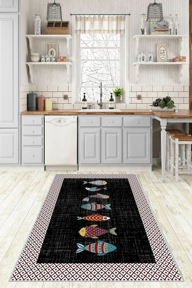 Makinede Yıkanabilir Leke Tutmaz  Renkli Pvc Deri Kaymaz Taban Balık Mutfak Halısı 498-00  ÇOKLU 80 x 200