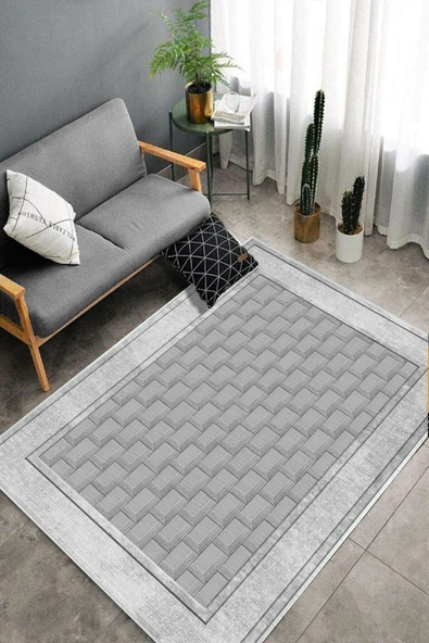 Makinede Yıkanabilir Leke Tutmaz  Gri Deko Deri Kaymaz Taban Baklava Desen Salon Halısı B1186  GRİ 200 x 300 - 4