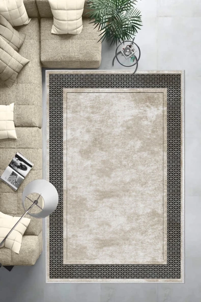 Makinede Yıkanabilir Leke Tutmaz  Krem-Siyah Deko Deri Kaymaz Taban Salon-Yolluk Saçaksız Halı B1179  KREM-SİYAH 100 x 200 - Resim 6