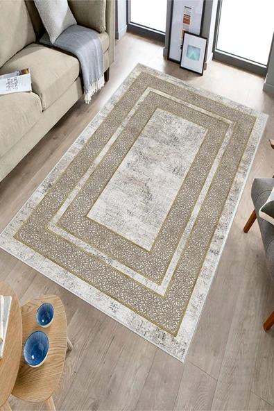 Makinede Yıkanabilir Leke Tutmaz  Vizon-Krem Deko Deri Kaymaz Taban Modern Salon Saçaksız Halı B1175  VİZON-KREM 80 x 200 - 3