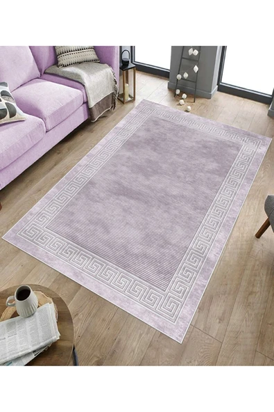 Makinede Yıkanabilir Leke Tutmaz  Lila Deko Deri Kaymaz Taban Versace Çizgi Salon Saçaksız Halı B1200  180 x 280 LİLA - Resim 5