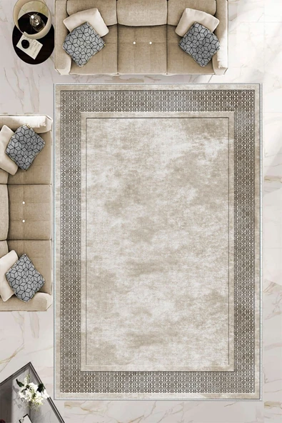 Makinede Yıkanabilir Leke Tutmaz  Krem Deko Deri Kaymaz Taban Salon-Yolluk Saçaksız Halı B1178  KREM 160 x 230