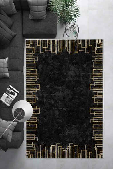 Makinede Yıkanabilir Leke Tutmaz  Siyah Pvc Deri Kaymaz Taban Shaggy Salon Saçaksız Halı B1195  SİYAH 160 x 230 - 6
