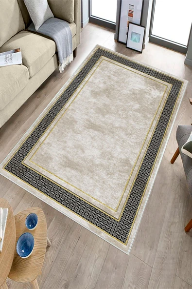 Makinede Yıkanabilir Leke Tutmaz  Krem-Gold-Siyah Deko Deri Kaymaz Taban Salon-Yolluk Halısı B1182  160 x 230 KREM-GOLD-SİYAH - 3