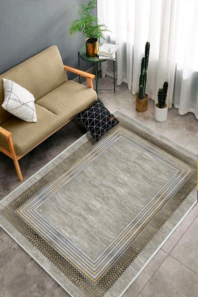Makinede Yıkanabilir Leke Tutmaz  Multi Deko Deri Kaymaz Taban Çerçeve Salon Saçaksız Halı B1171  MULTİ 100 x 300 - 4