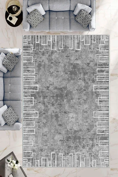 Makinede Yıkanabilir Leke Tutmaz  Gri Pvc Deri Kaymaz Taban Shaggy Salon Saçaksız Halı B1194  GRİ 160 x 230