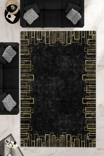 Makinede Yıkanabilir Leke Tutmaz  Siyah Pvc Deri Kaymaz Taban Shaggy Salon Saçaksız Halı B1195  SİYAH 180 x 280