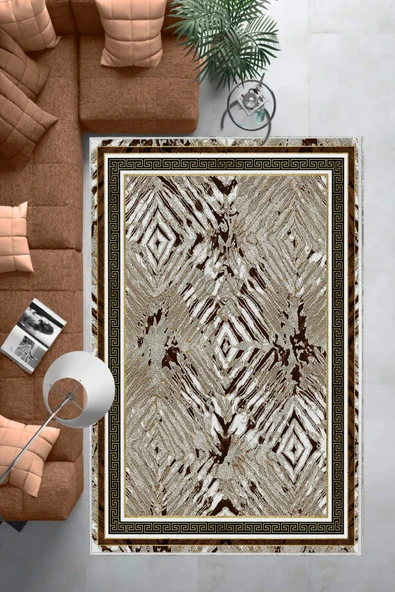 Makinede Yıkanabilir Leke Tutmaz  Kahverengi Deko Deri Kaymaz Taban Versace Salon Saçaksız Halı B1209  KAHVERENGİ 100 x 200 - Resim 6