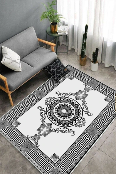 Makinede Yıkanabilir Leke Tutmaz  Beyaz-Siyah Deko Deri Kaymaz Taban Göbekli Salon Saçaksız Halı B1190  BEYAZ 160 x 230 - 4