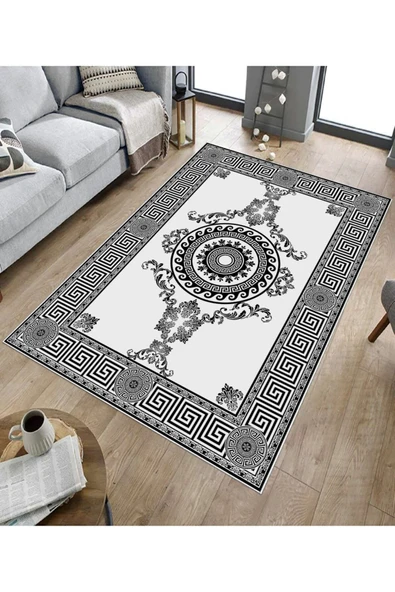 Makinede Yıkanabilir Leke Tutmaz  Beyaz-Siyah Deko Deri Kaymaz Taban Göbekli Salon Saçaksız Halı B1190  BEYAZ 160 x 230 - 5