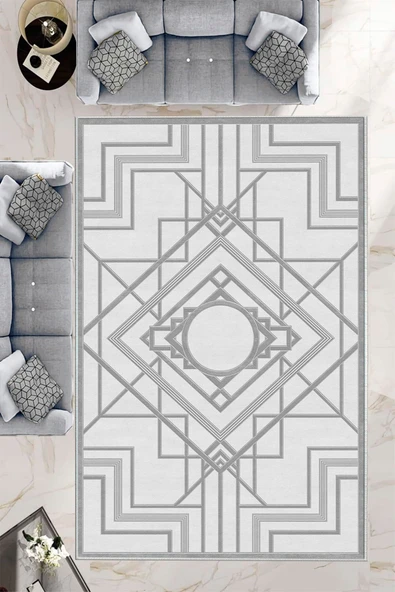 Makinede Yıkanabilir Leke Tutmaz  Gri Pvc Deri Kaymaz Taban Lobohemart Salon Saçaksız Halı B1203  GRİ 100 x 300