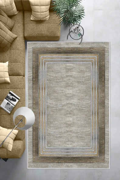 Makinede Yıkanabilir Leke Tutmaz  Multi Deko Deri Kaymaz Taban Çerçeve Salon Saçaksız Halı B1171  MULTİ 100 x 300 - 6
