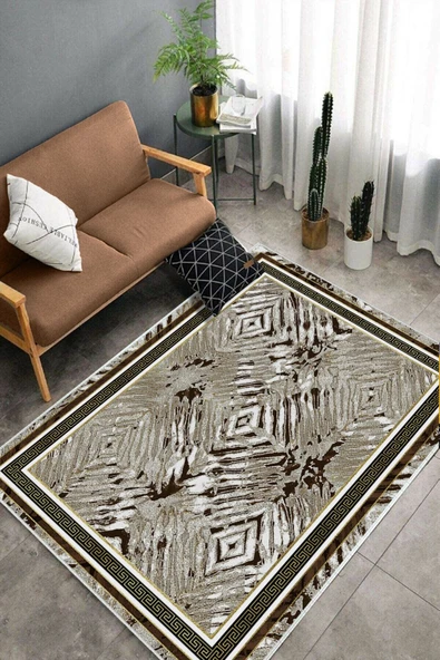 Makinede Yıkanabilir Leke Tutmaz  Kahverengi Deko Deri Kaymaz Taban Versace Salon Saçaksız Halı B1209  KAHVERENGİ 200 x 300 - Resim 4