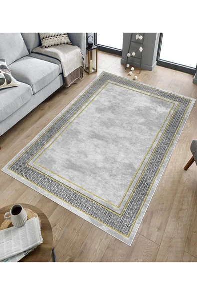 Makinede Yıkanabilir Leke Tutmaz Gri-Gold Deko Deri Kaymaz Taban Salon-Yolluk Halısı B1183 GRİ-GOLD 100 x 200 - 6