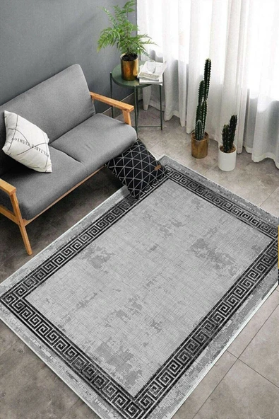 Makinede Yıkanabilir Leke Tutmaz  Gri Deko Deri Kaymaz Taban Vintage Versace Salon Saçaksız Halı B1198  100 x 200 GRİ - Resim 4