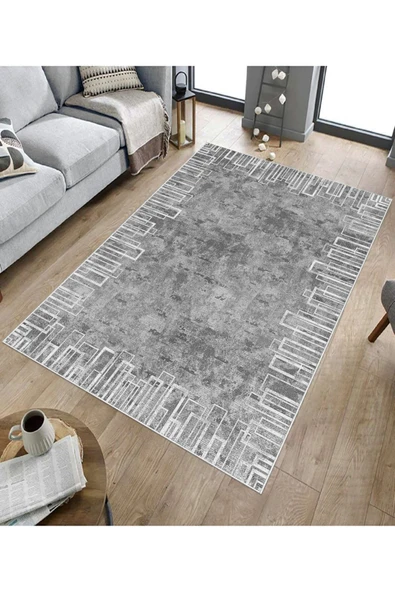 Makinede Yıkanabilir Leke Tutmaz  Gri Deko Deri Kaymaz Taban Shaggy Salon Saçaksız Halı B1194  GRİ 100 x 300 - 5