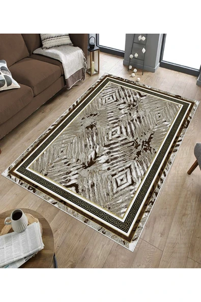 Makinede Yıkanabilir Leke Tutmaz  Kahverengi Deko Deri Kaymaz Taban Versace Salon Saçaksız Halı B1209  KAHVERENGİ 200 x 300 - Resim 5