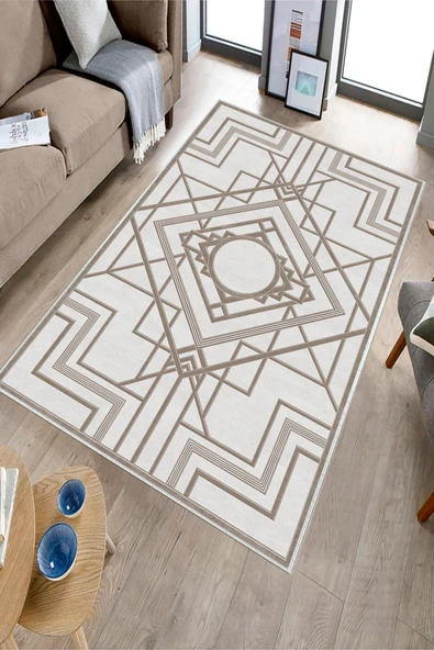 Makinede Yıkanabilir Leke Tutmaz  Vizon Deko Deri Kaymaz Taban Lobohemart Salon Saçaksız Halı B1202  VİZON 80 x 200 - 3