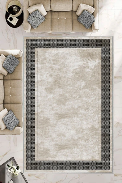 Makinede Yıkanabilir Leke Tutmaz  Krem-Siyah Deko Deri Kaymaz Taban Salon-Yolluk Saçaksız Halı B1179  KREM-SİYAH 80 x 200