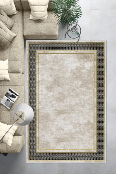 Makinede Yıkanabilir Leke Tutmaz  Krem-Gold-Siyah Deko Deri Kaymaz Taban Salon-Yolluk Halısı B1182  160 x 230 KREM-GOLD-SİYAH - 6