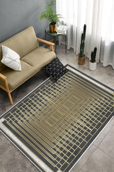 Makinede Yıkanabilir Leke Tutmaz  Gold-Siyah Deko Deri Kaymaz Taban Çerçeve Salon Saçaksız Halı B1174  GOLD-SİYAH 100 x 300 - 4