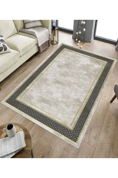 Makinede Yıkanabilir Leke Tutmaz  Krem-Gold-Siyah Deko Deri Kaymaz Taban Salon-Yolluk Halısı B1182  160 x 230 KREM-GOLD-SİYAH - 5